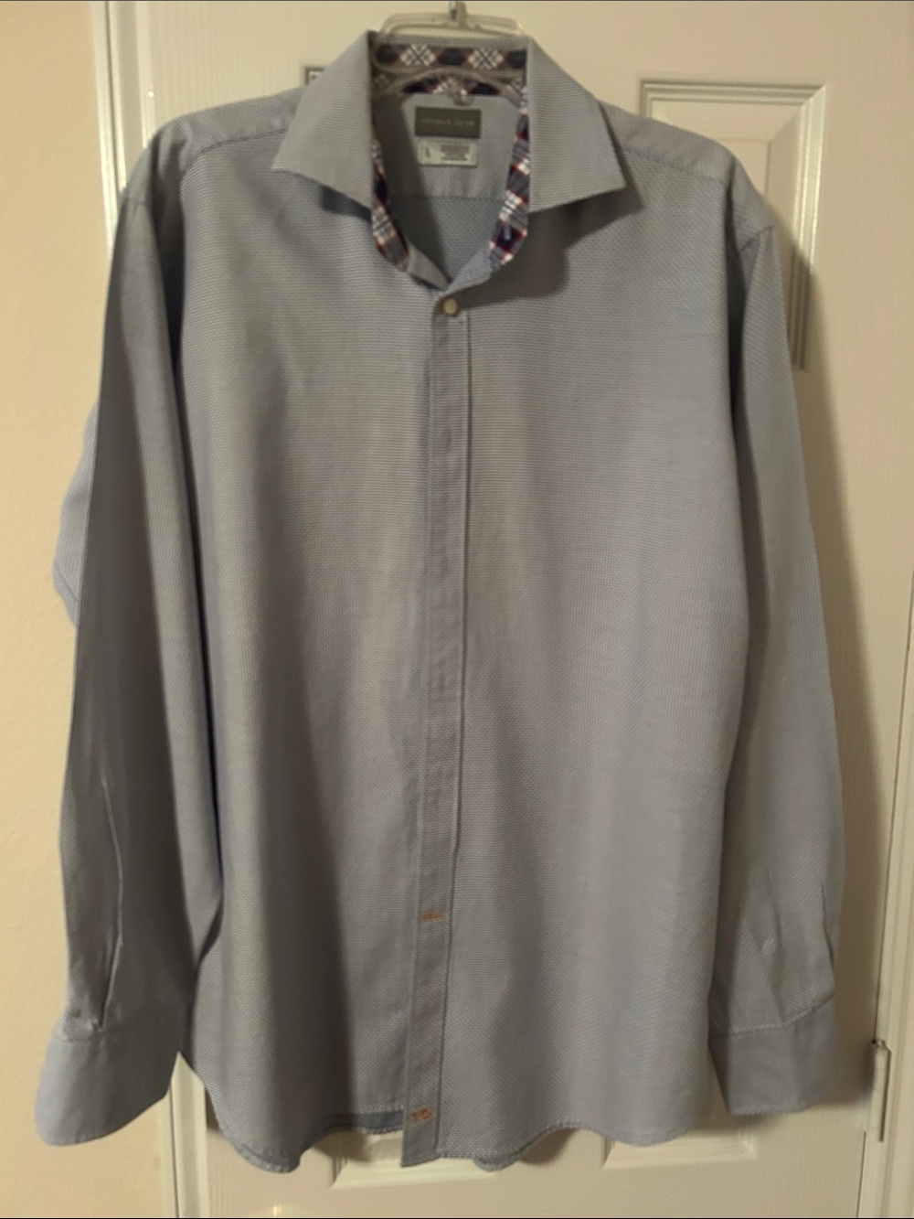 Thomas Dean Light Blue Dress Shirt with Plaid Collar Trim